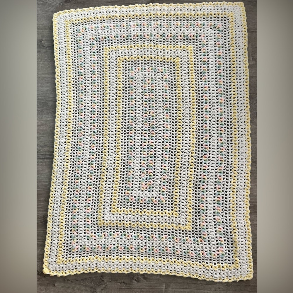 Crocheted Baby Afghan Blanket throw pastel yellow white 52” x 38” - Picture 3 of 3